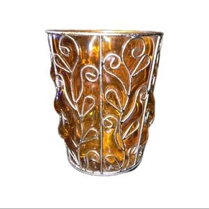 Amber Caged Bubble Glass Vase Or Candle Holder with Silver Detailing
